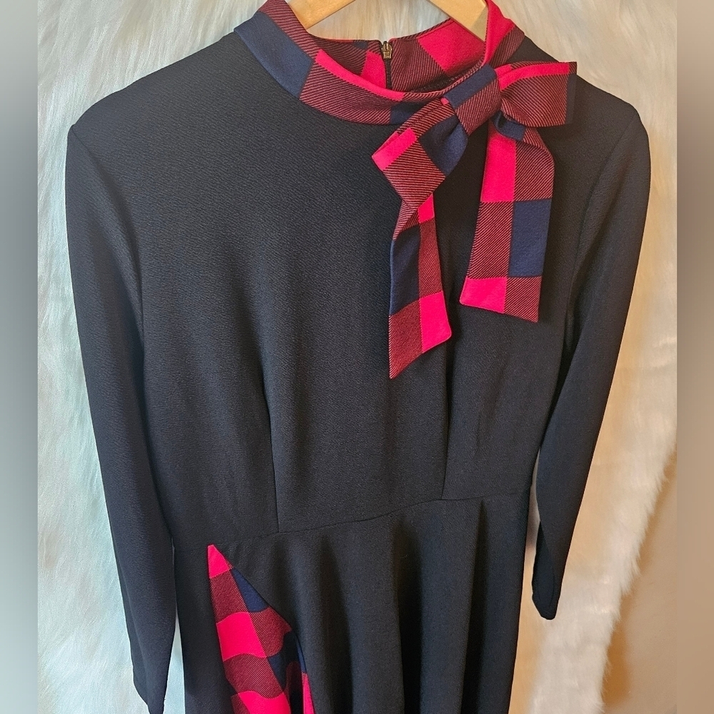 Shein Perfectly Plaid Holiday Midi Dress W/ Bow Accent - Picture 3 of 10
